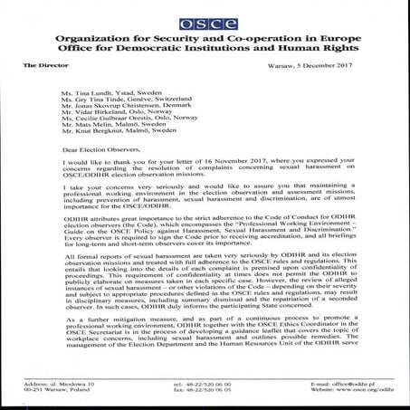 Letter from Director of ODIHR about sexual harassment in election observation