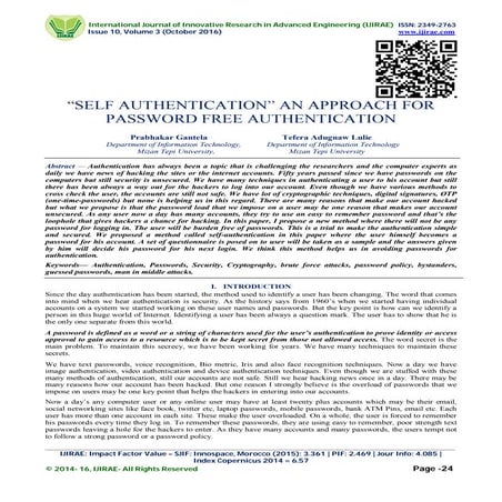 SELF AUTHENTICATION” AN APPROACH FOR PASSWORD FREE AUTHENTICATION