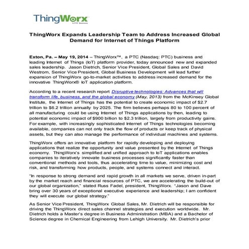 ThingWorx Expands Leadership Team to Address Increased Global Demand for Inte...