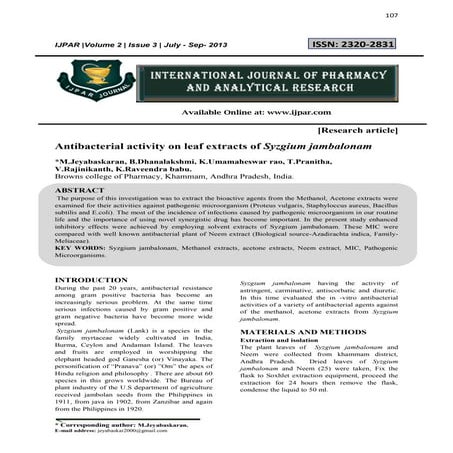 Antibacterial activity on leaf extracts of Syzgium jambalonam