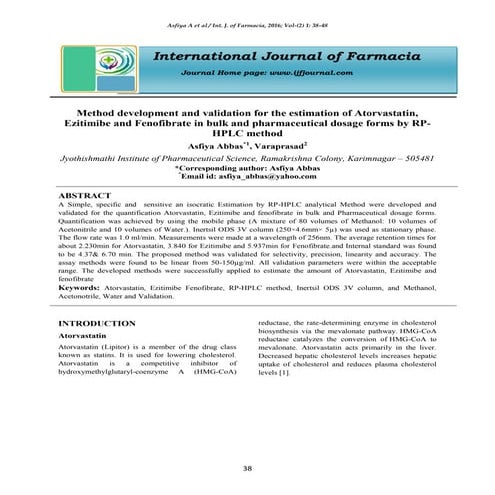 Method development and validation for the estimation of Atorvastatin, Ezitimi...