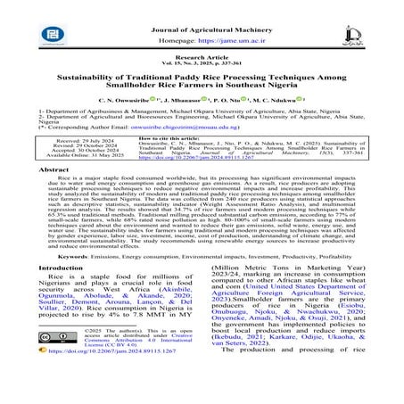 Sustainability of Traditional Paddy Rice Processing Techniques Among Smallholder Rice Farmers in Southeast Nigeria
