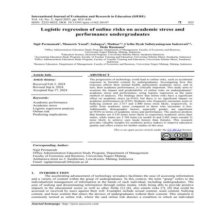 Logistic regression of online risks on academic stress and performance underg...