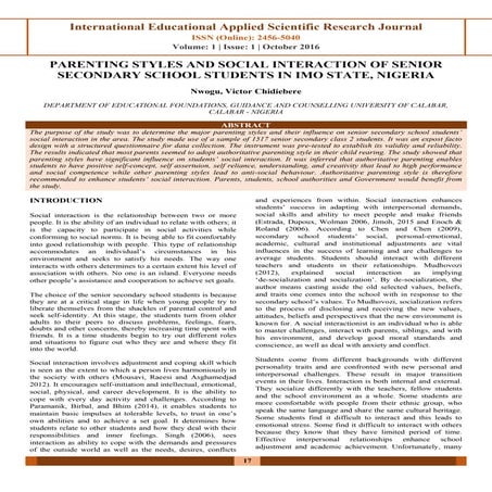 PARENTING STYLES AND SOCIAL INTERACTION OF SENIOR SECONDARY SCHOOL STUDENTS IN IMO STATE, NIGERIA