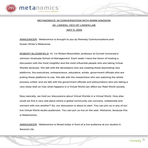 050609 Mark Kingdon Metanomics Transcript