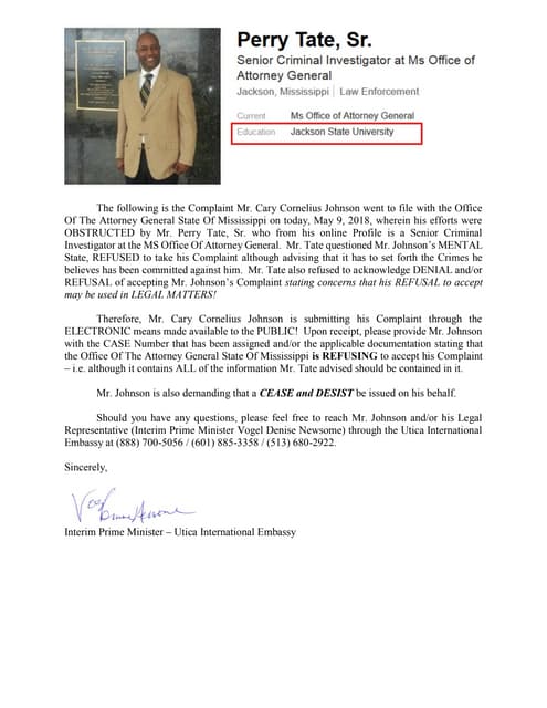 05/09/18  Cary Cornelius Johnson's Complaint Filed With The Office Of The Attorney General STATE OF MISSISSIPPI - Final