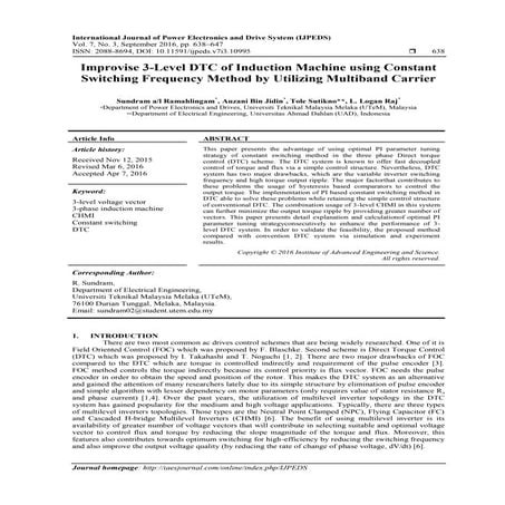 Improvise 3-Level DTC of Induction Machine using Constant Switching Frequency...