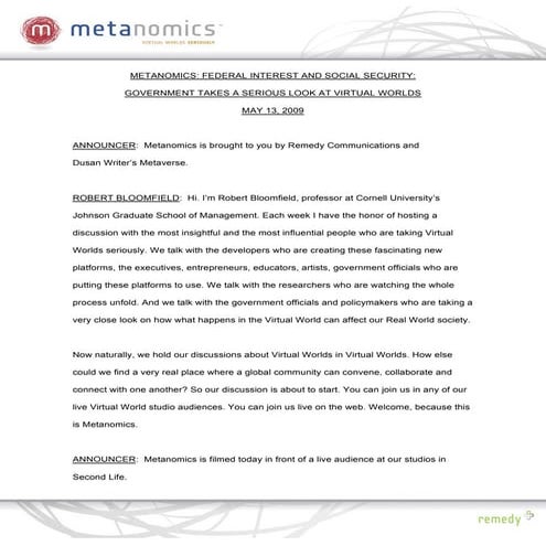 051309 Federal Interest And Social Security Metanomics Transcript