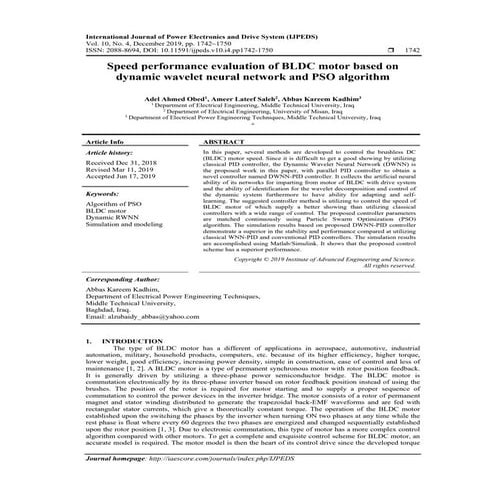 Speed performance evaluation of BLDC motor based on dynamic wavelet neural ne...