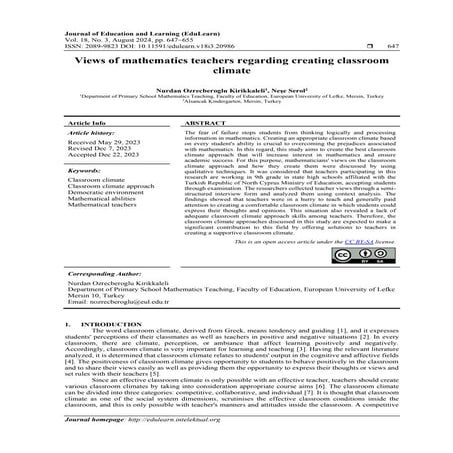 Views of mathematics teachers regarding creating classroom climate | PDF