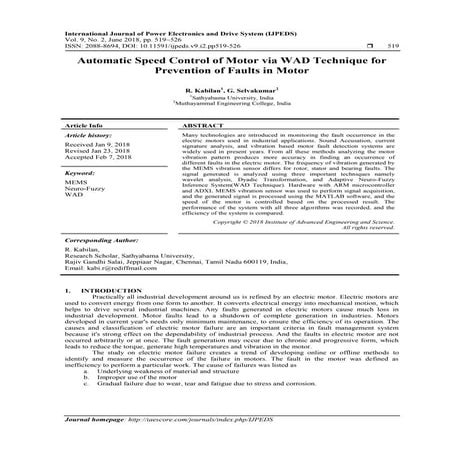 Automatic Speed Control of Motor via WAD Technique for Prevention of Faults i...