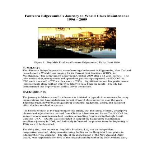 Fonterra Edgecumbe Journey to World Class Maintenance Practices 100529