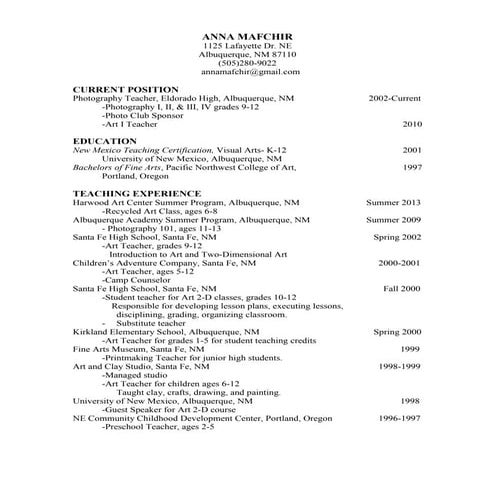 BFA Resume student teaching | PDF