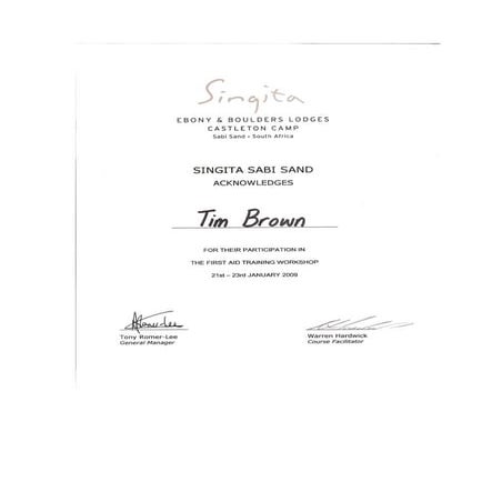 Singita Sabi Sand certificate of participation in First Aid Training