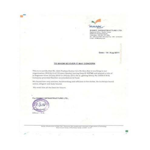 Kumar Experence Letter | DOCX