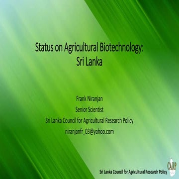 Country Status Reports on Agricultural Biotechnology - Sri Lanka