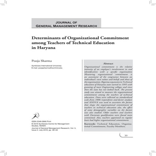 Determinants of Organizational Commitment among Teachers of Technical Education in Haryana