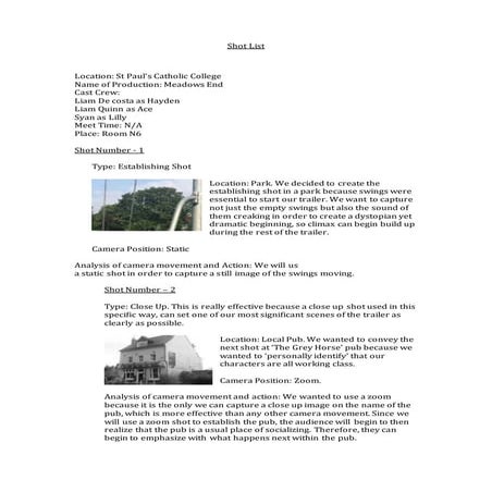 OCR A2 Media Studies - Unit G324 - Shot List