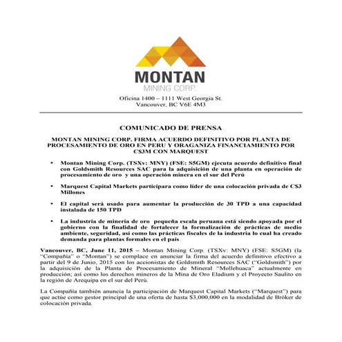 2015 06-11 - Montan Mining Corp. (TSXv: MNY) (FSE: S5GM) Firma Acuerdo Defini...