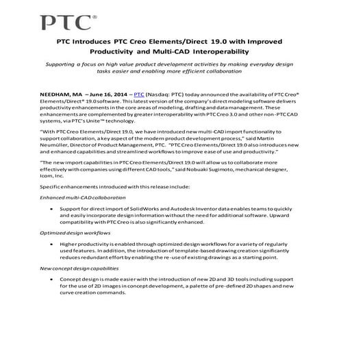 PTC Introduces PTC Creo Elements/Direct 19.0 with Improved Productivity and M...