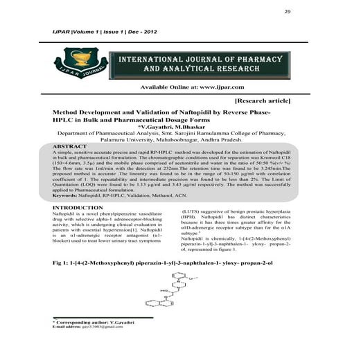 Method Development and Validation of Naftopidil by Reverse Phase-HPLC in Bulk...