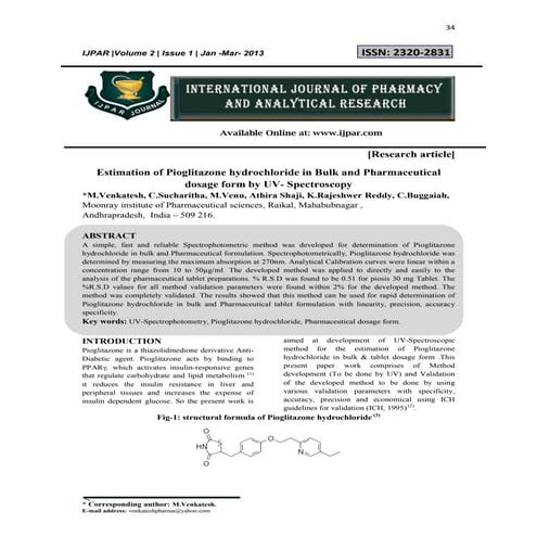 Estimation of Pioglitazone hydrochloride in Bulk and Pharmaceutical dosage fo...