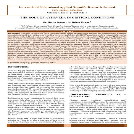 THE ROLE OF AYURVEDA IN CRITICAL CONDITIONS