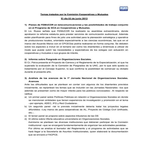 06 03 06-13 temas tratados por la comisión de cooperativas y mutuales | PDF