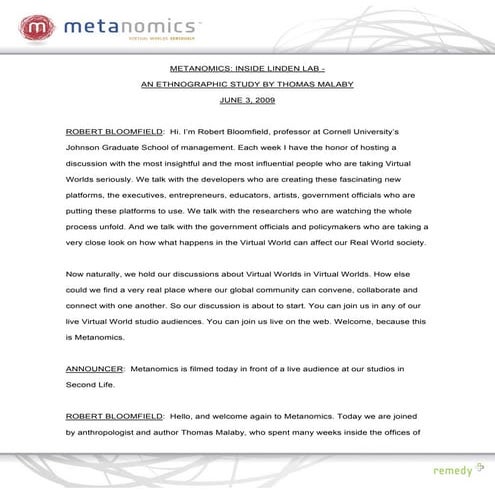 060309 Inside Linden Lab Metanomics Transcript