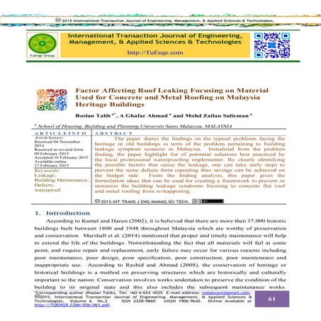 Factor Affecting Roof Leaking Focusing on Material Used for Concrete and Meta...