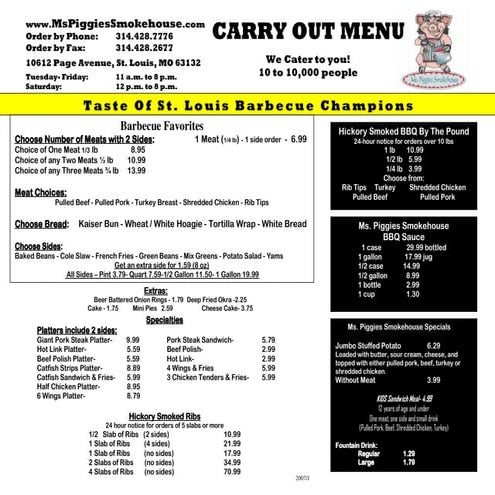 Ms. Piggies' Smokehosue Carry Out Menu