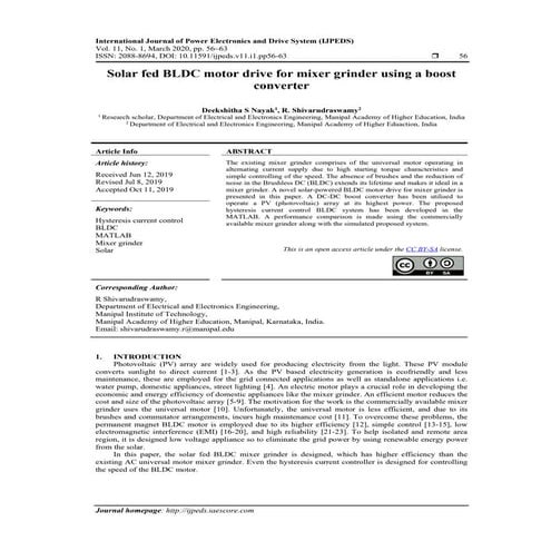 Solar fed BLDC motor drive for mixer grinder using a boost converter