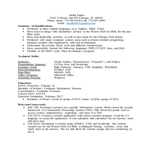 Abdul Salam's Resume