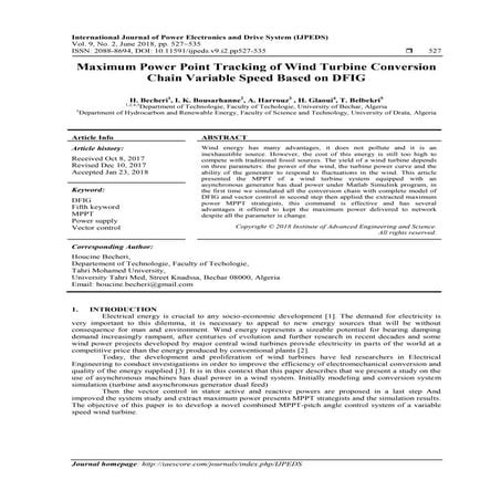Maximum Power Point Tracking of Wind Turbine Conversion Chain Variable Speed ...