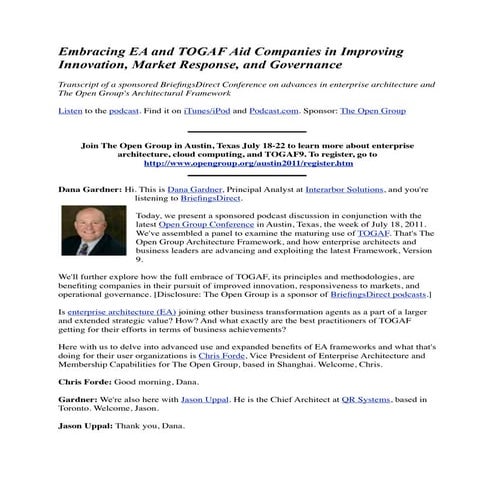 Embracing EA and TOGAF Aid Companies in Improving Innovation, Market Response...