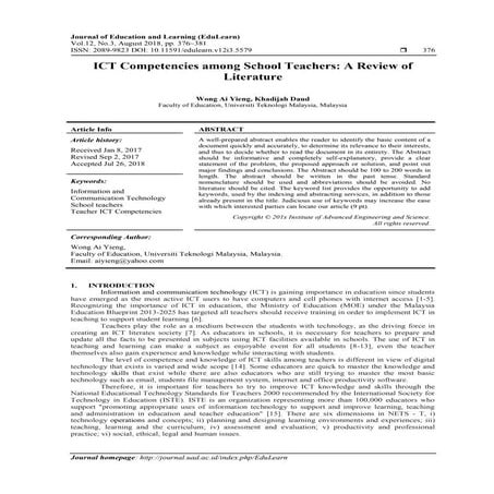 ICT Competencies among School Teachers: A Review of Literature