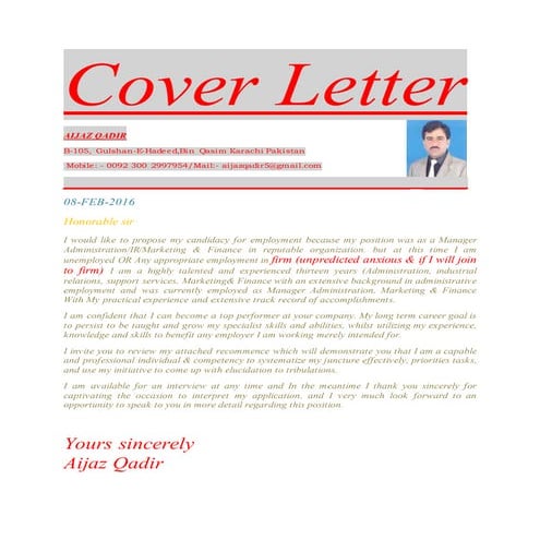 Cover Letter For Job  Aijaz Qadir