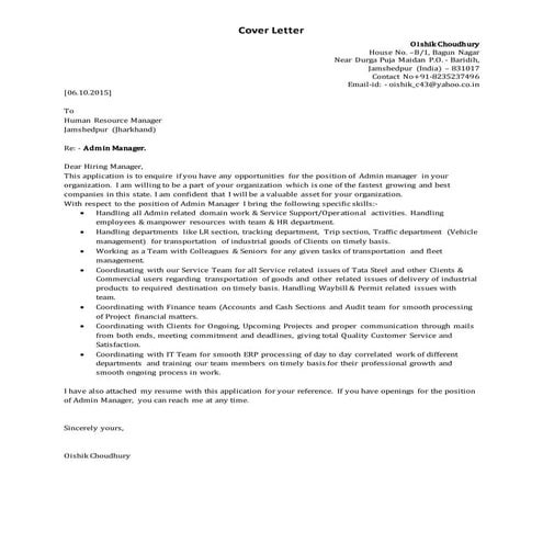 Cover Letter of Admin Manager
