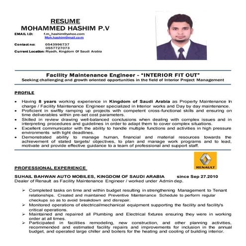 Facility maintenance In-charge  CV updated