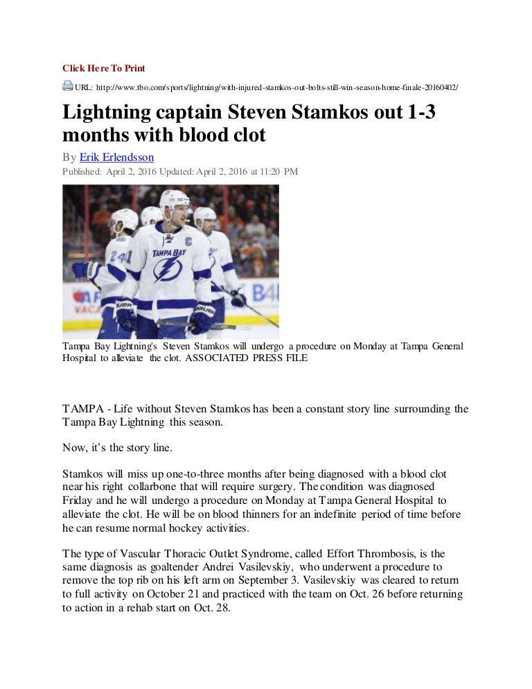 Breaking News Stamkos Blood Clot