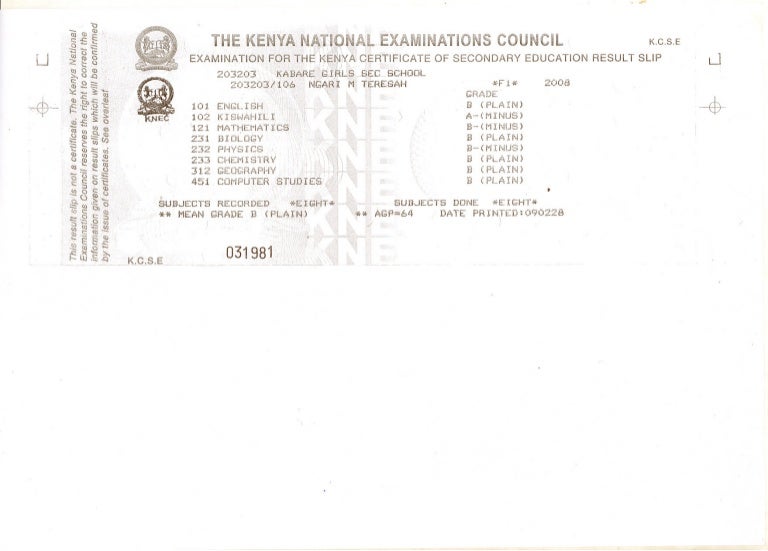 KCSE RESULT SLIP