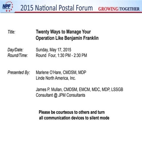 2015 NPF Anaheim CA  Twenty Ways to Manage Like Ben Franklin