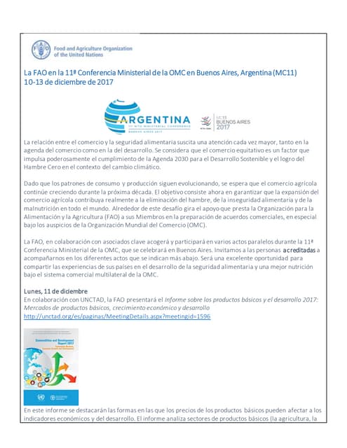 La FAO en la 11ª Conferencia Ministerial de la OMC en Buenos Aires, Argentina (MC11) 10-13 de diciembre de 2017