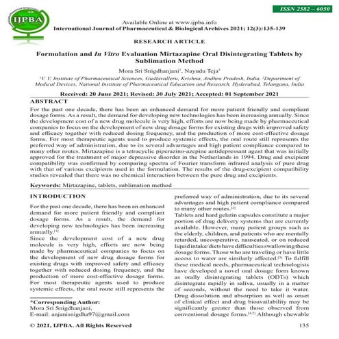 Formulation and Evaluation of Mouth Dissolving Tablets in Mirtazapine | PDF