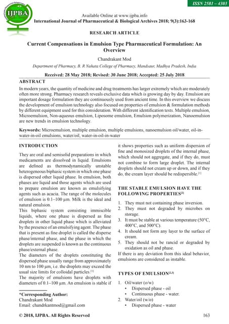 Current Compensations in Emulsion Type Pharmaceutical Formulation: An Overview
