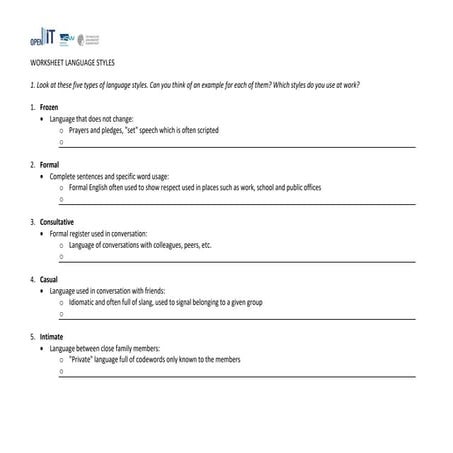 worksheet on speech styles