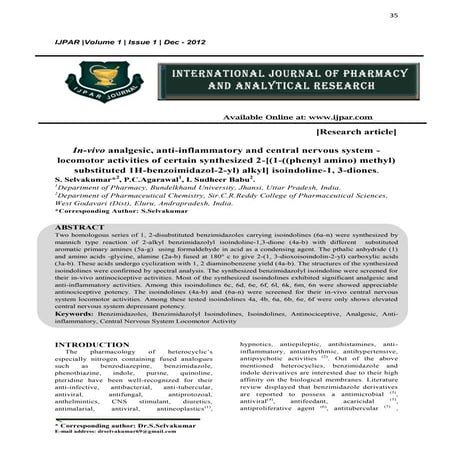 In-vivo analgesic, anti-inflammatory and central nervous system - locomotor a...