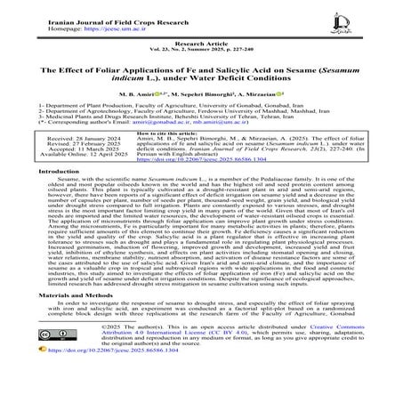 The Effect of Foliar Applications of Fe and Salicylic Acid on Sesame ...