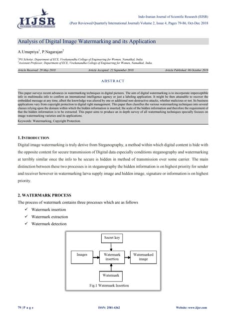 Analysis of Digital Image Watermarking and its Application