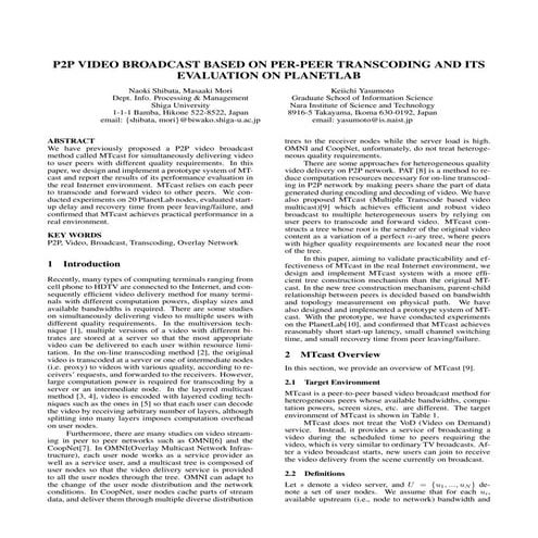 (Paper) P2P VIDEO BROADCAST BASED ON PER-PEER TRANSCODING AND ITS EVALUATION ...